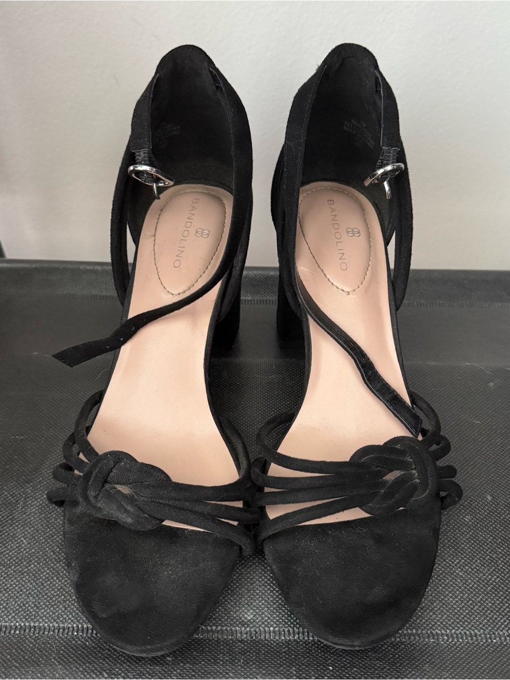 Bandolino Black Suede Knotted Strappy Block Heels
